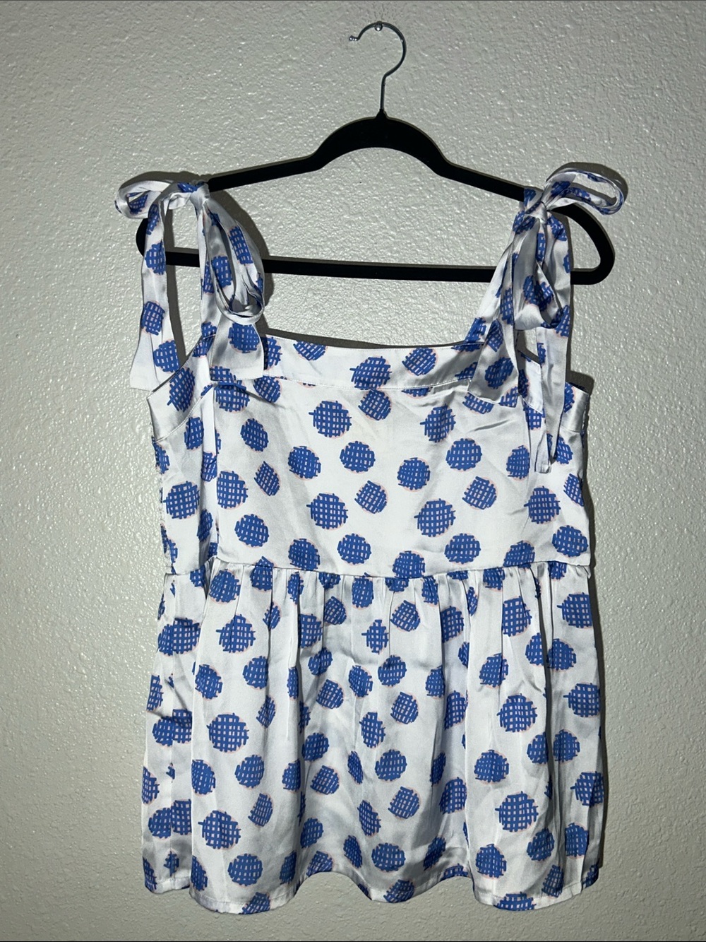 Emily McCarthy Invite Joy White Tank Top Peplum with Blue Polka Dot Tie-Strap